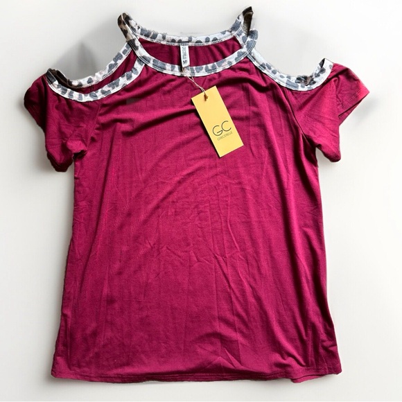 GRECERELLE GC Womens Short Cold Shoulder Sleeve Maroon Leopard Print Top Medium - Picture 1 of 9